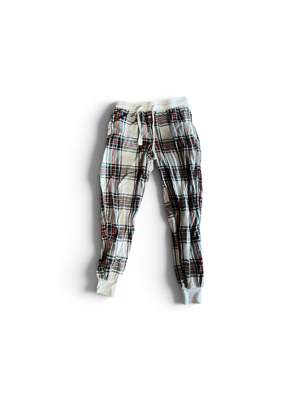 stars above White Plaid Jogger Pajama Pants with Red & Black Accents